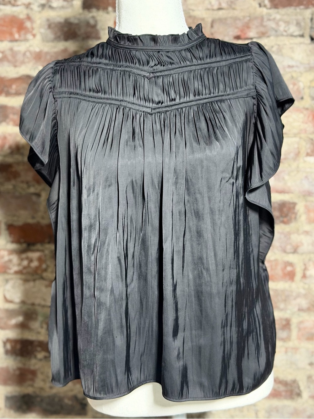 Joie Black Satin Smocked Mock Neck Blouse Flutter Sleeve Ruffle Top Size S Small
